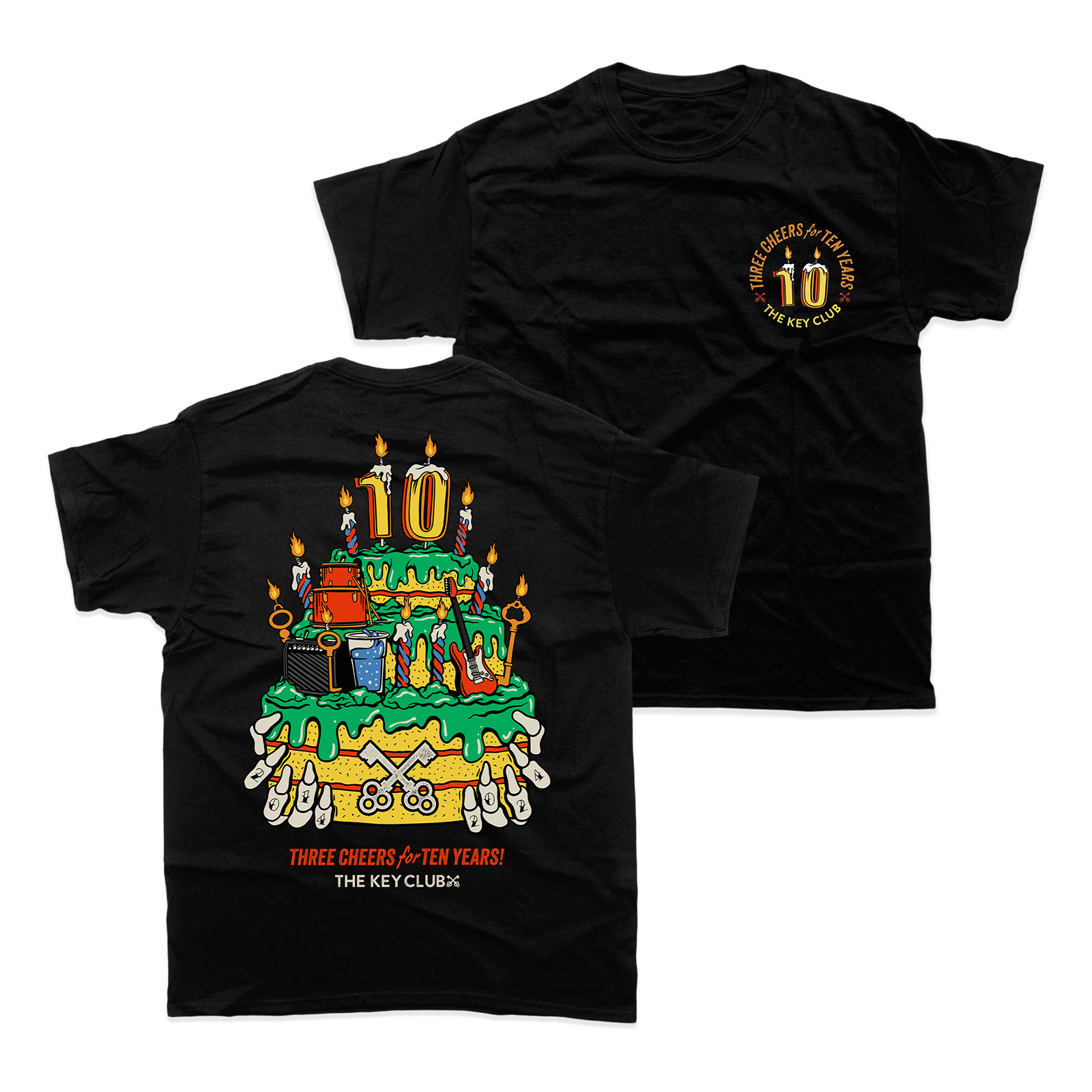 Black TKC 10th Birthday Limited Edition T-Shirt with colorful birthday cake design