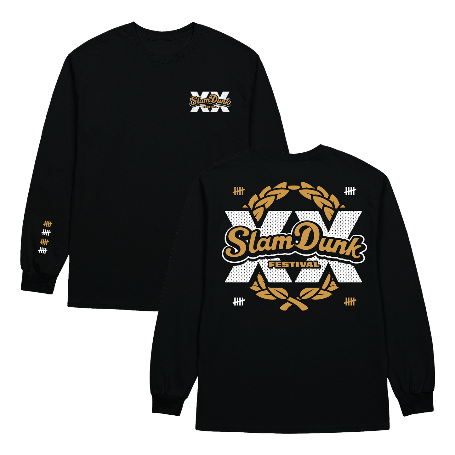 Back of black xx anniversary longsleeve shirt with bold white and gold slam dunk festival graphic and laurel wreaths