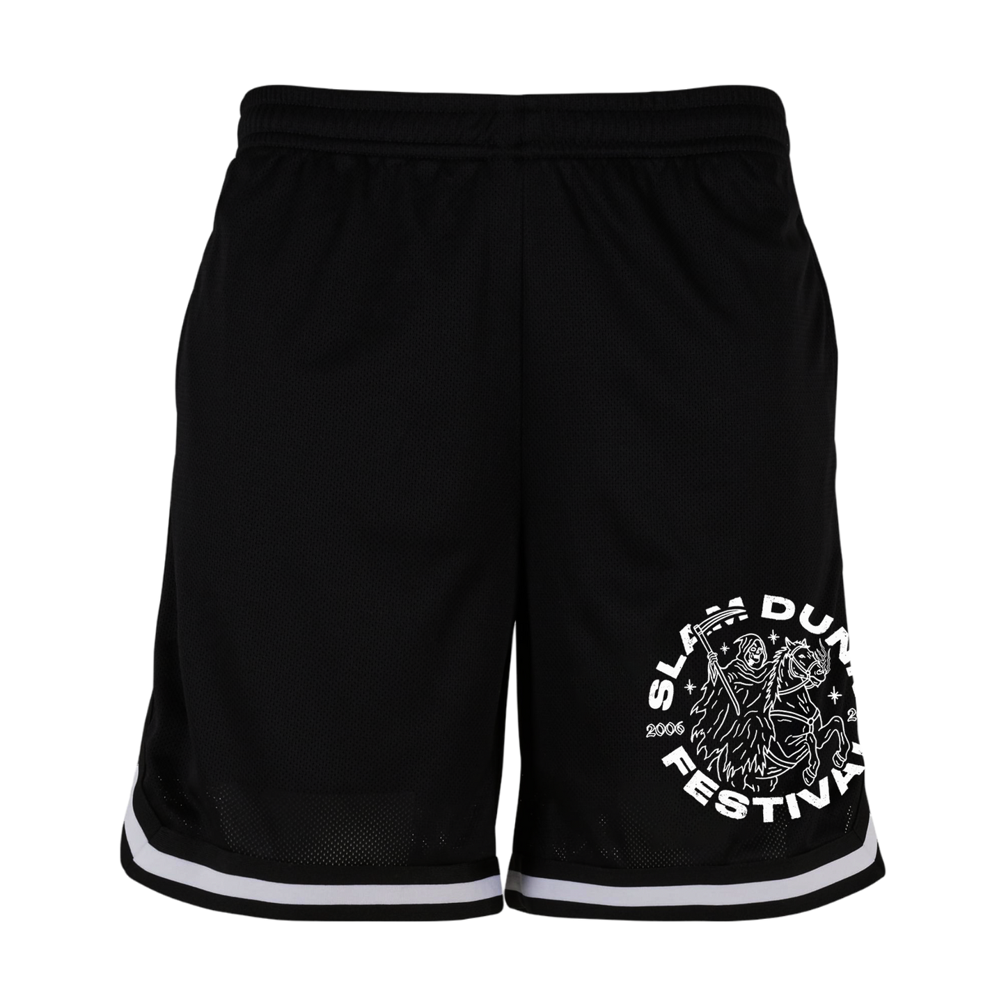 Year of the horse basketball shorts black with white trim and circular sla dun festival graphic on left leg