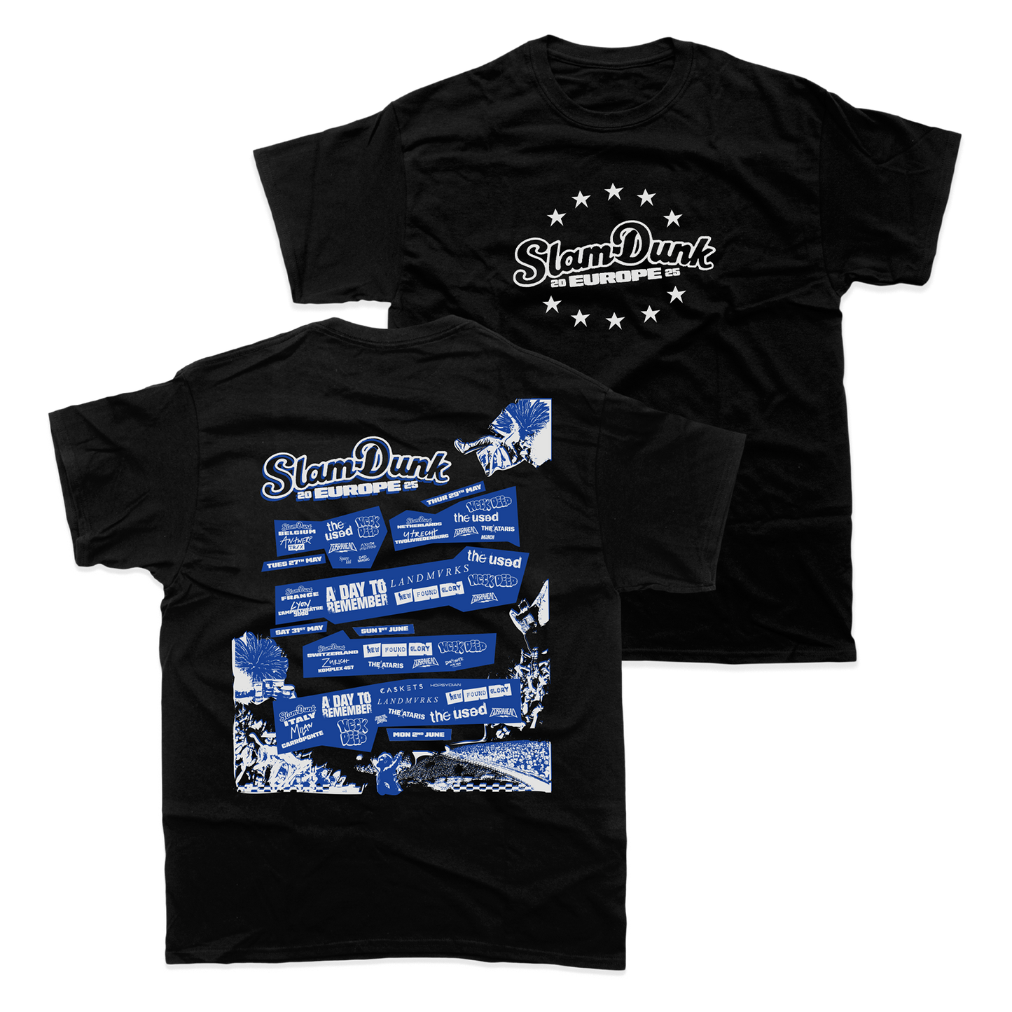 Black event t-shirt with white graphics for 2025 Europe Event T-Shirt collection