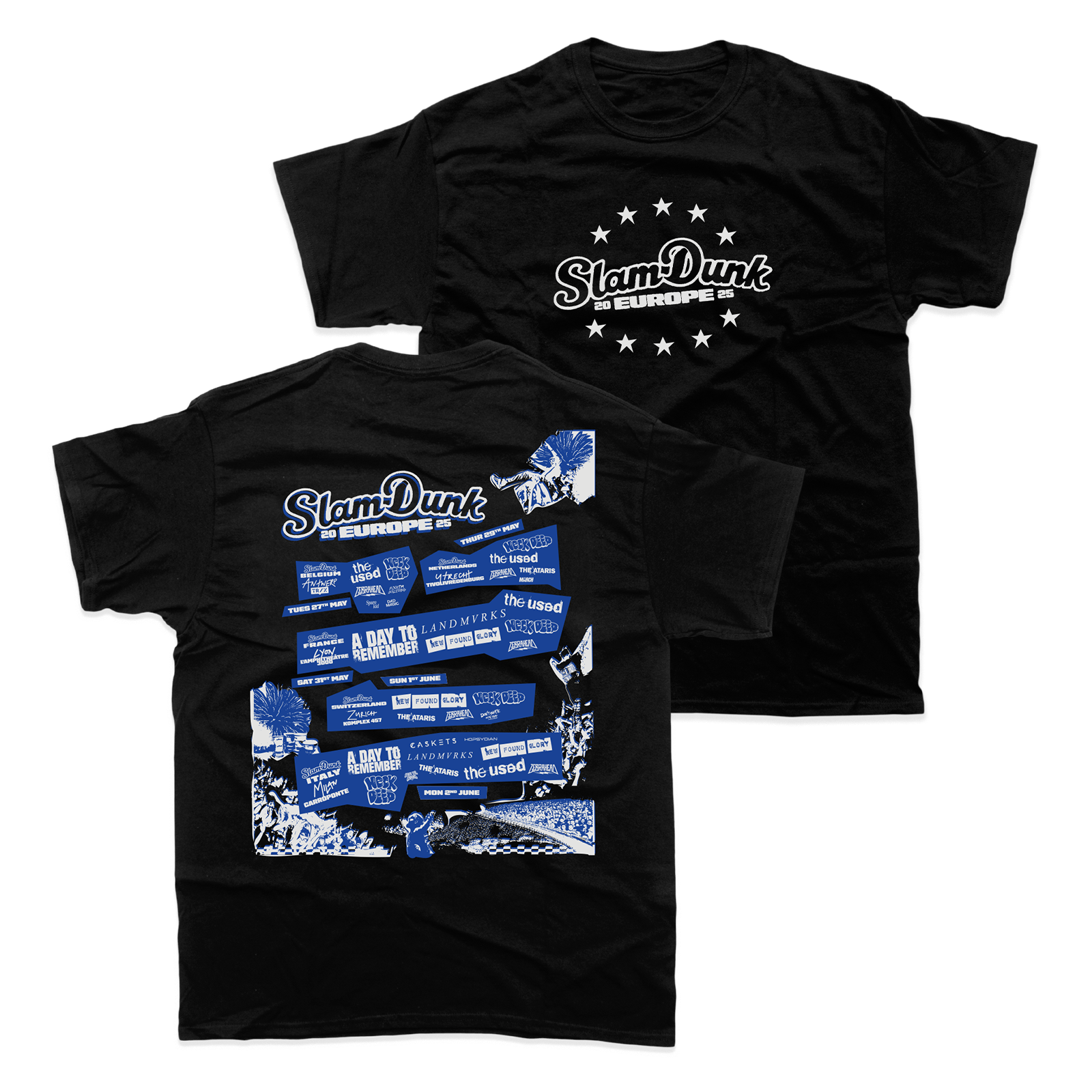 Black event t-shirt with white graphics for 2025 Europe Event T-Shirt collection
