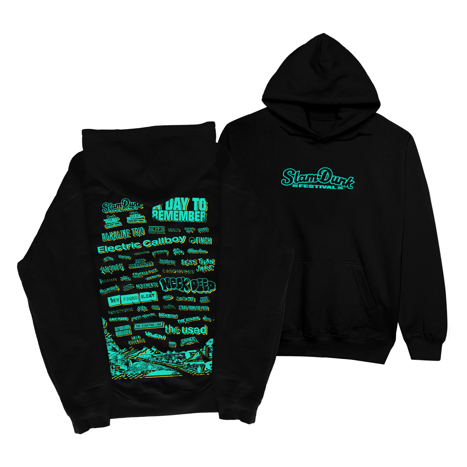 Black event hoodie with band names made from soft cotton poly blend for casual style