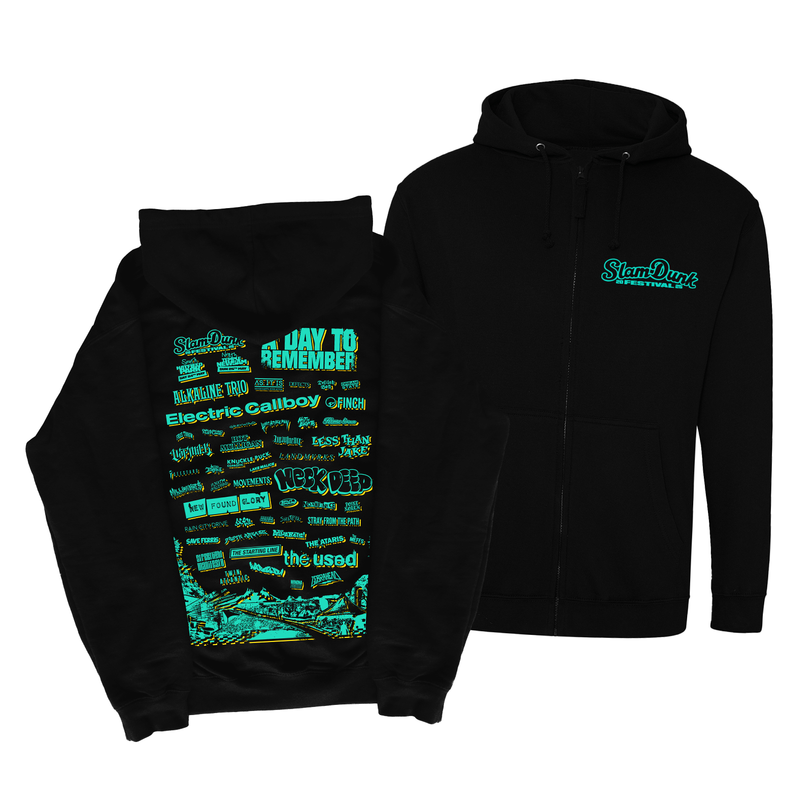Black hooded sweatshirt with band names, 2025 EVENT ZIP HOODIE (BLACK), stylish zip hoodie