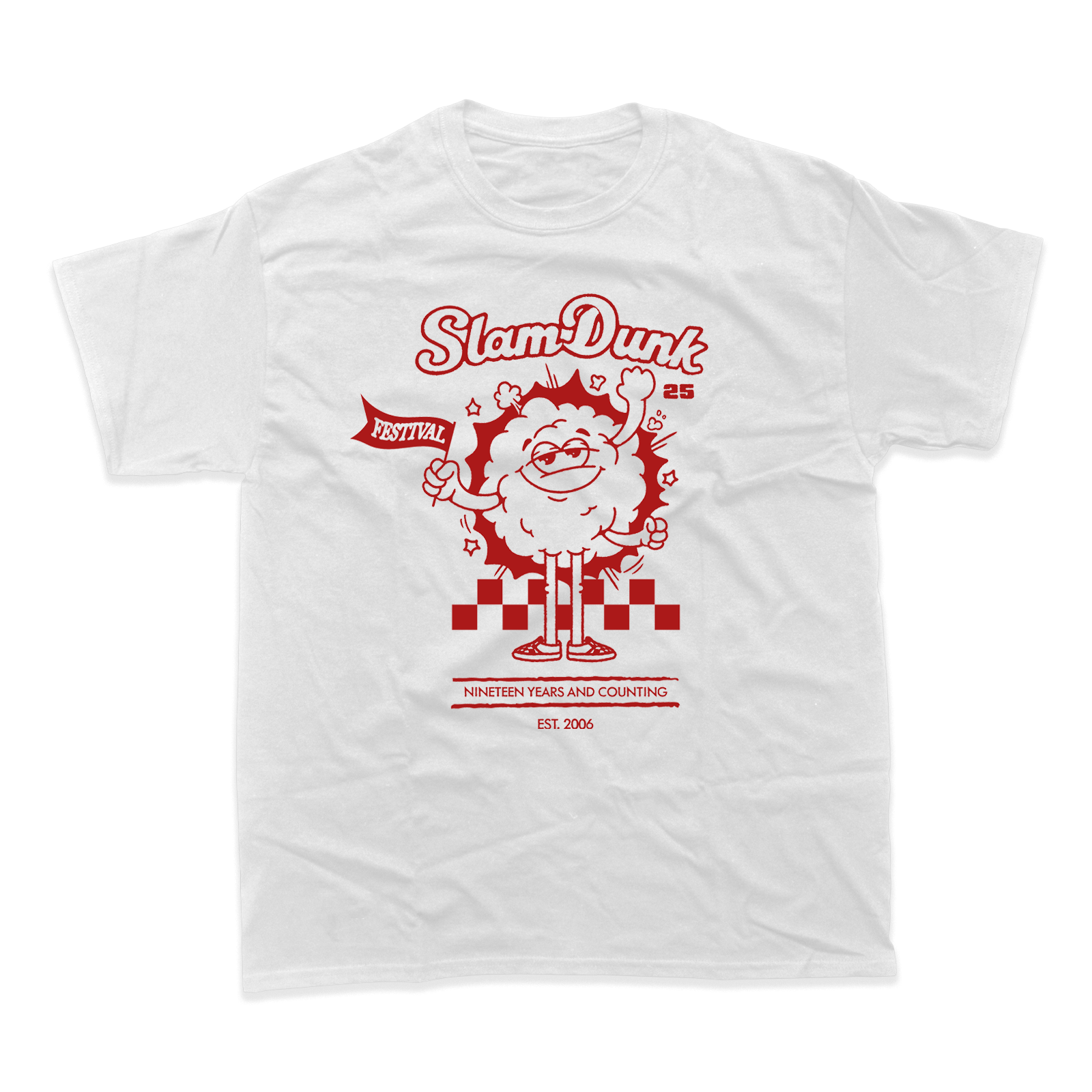 White mascot t-shirt with red cartoon graphic for 2025 MASCOT T-SHIRT (WHITE)