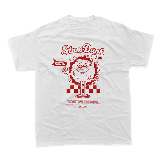 White mascot t-shirt with red cartoon graphic for 2025 MASCOT T-SHIRT (WHITE)
