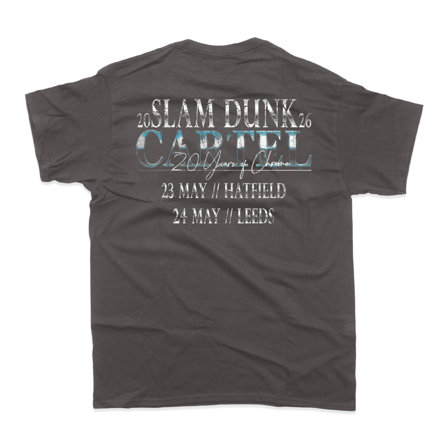 Dark gray cotton dunk t-shirt with distressed white teal cartel x slam graphic and 20 years of chaos text