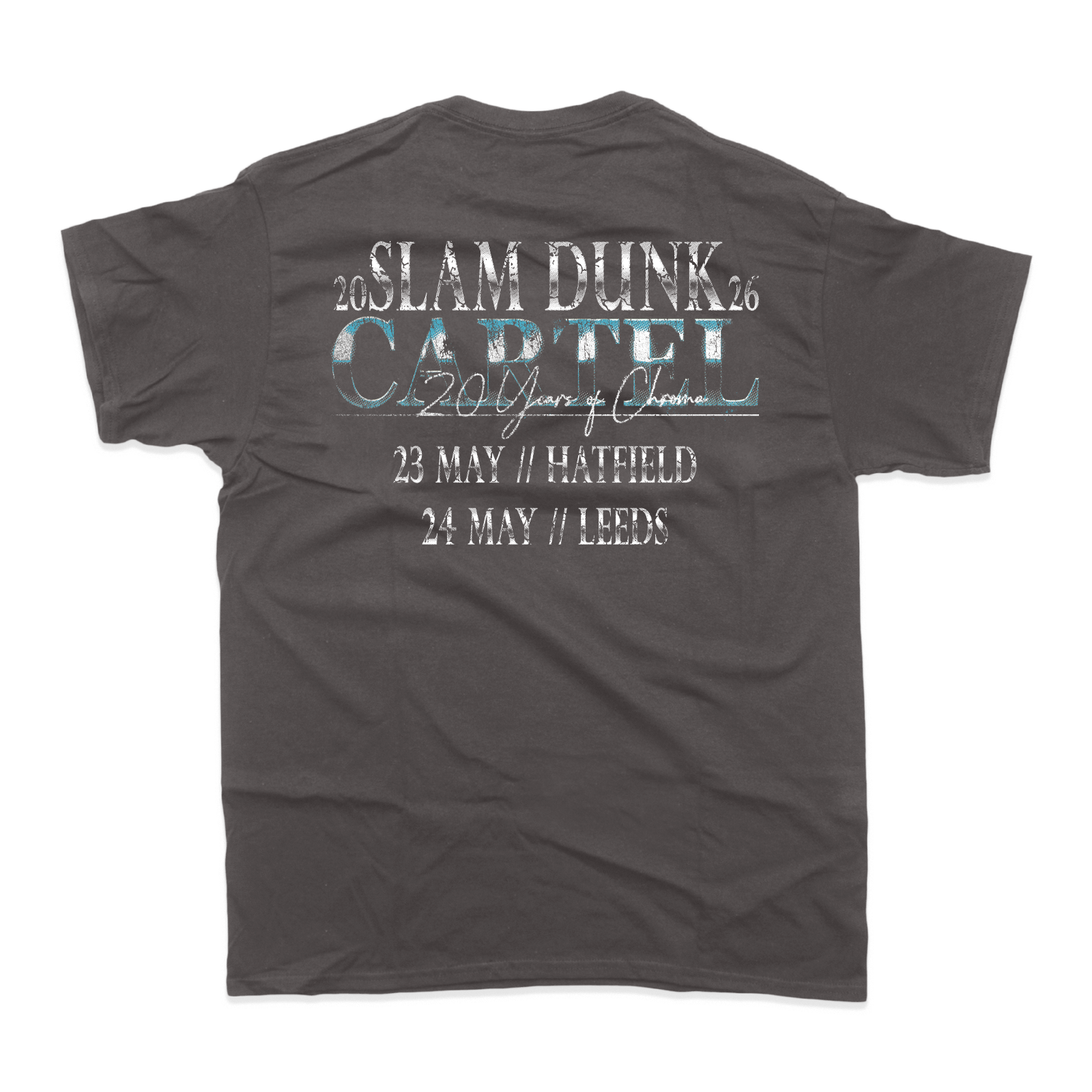 Dark gray cotton dunk t-shirt with distressed white teal cartel x slam graphic and 20 years of chaos text