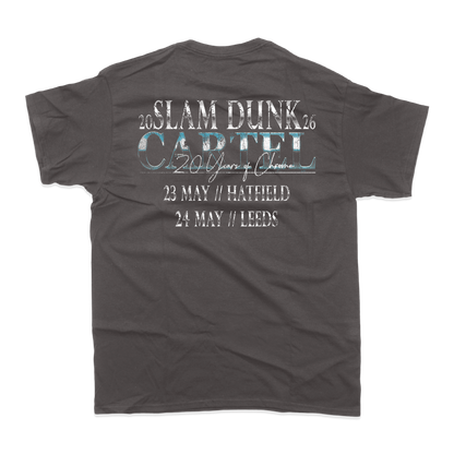 Dark gray cotton dunk t-shirt with distressed white teal cartel x slam graphic and 20 years of chaos text