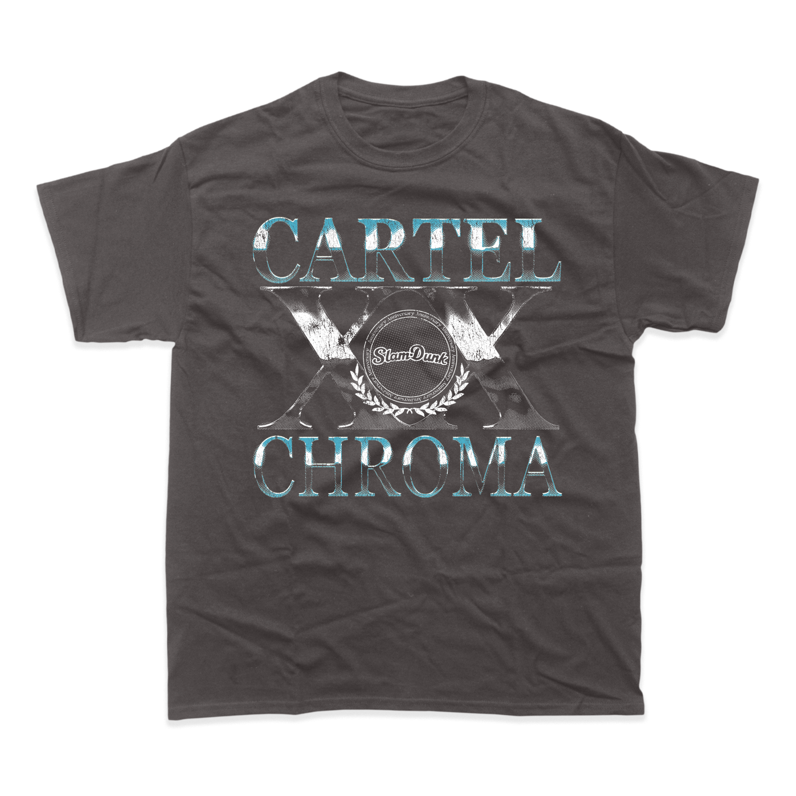 Dark gray slam dunk t-shirt with distressed metallic silver and teal cartel x slam graphic and laurel wreath design