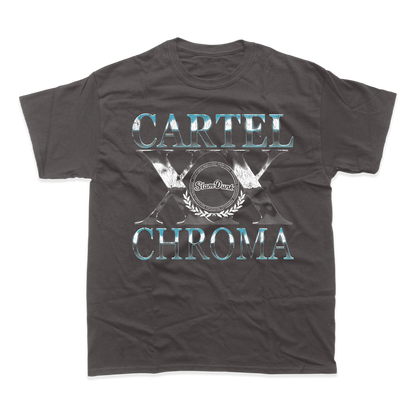 Dark gray slam dunk t-shirt with distressed metallic silver and teal cartel x slam graphic and laurel wreath design