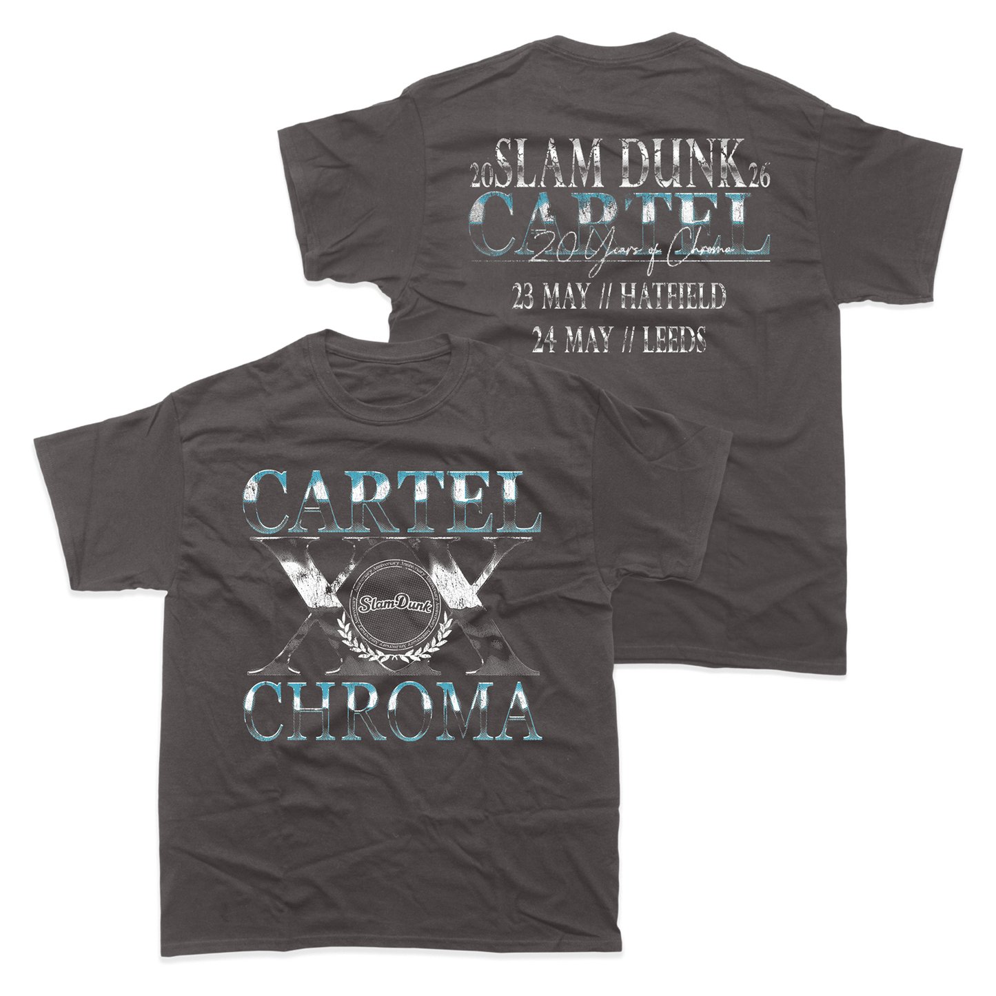 Dark gray cartel x slam dunk t-shirt featuring metallic silver and teal graphic with 2006 slam dunk tour details