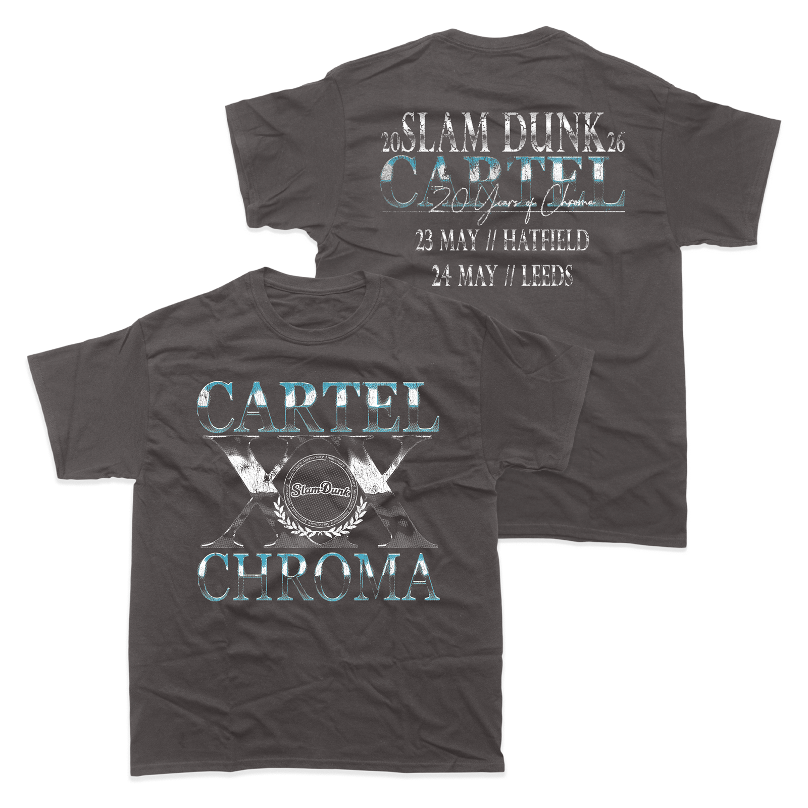 Dark gray cartel x slam dunk t-shirt featuring metallic silver and teal graphic with 2006 slam dunk tour details