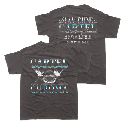 Dark gray cartel x slam dunk t-shirt featuring metallic silver and teal graphic with 2006 slam dunk tour details