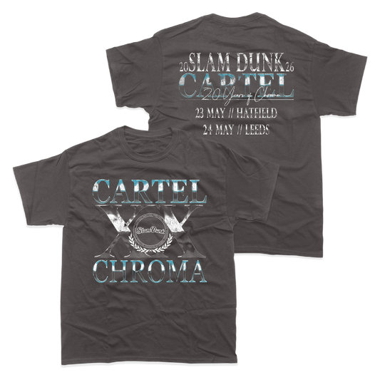 Dark gray cartel x slam dunk t-shirt featuring metallic silver and teal graphic with 2006 slam dunk tour details