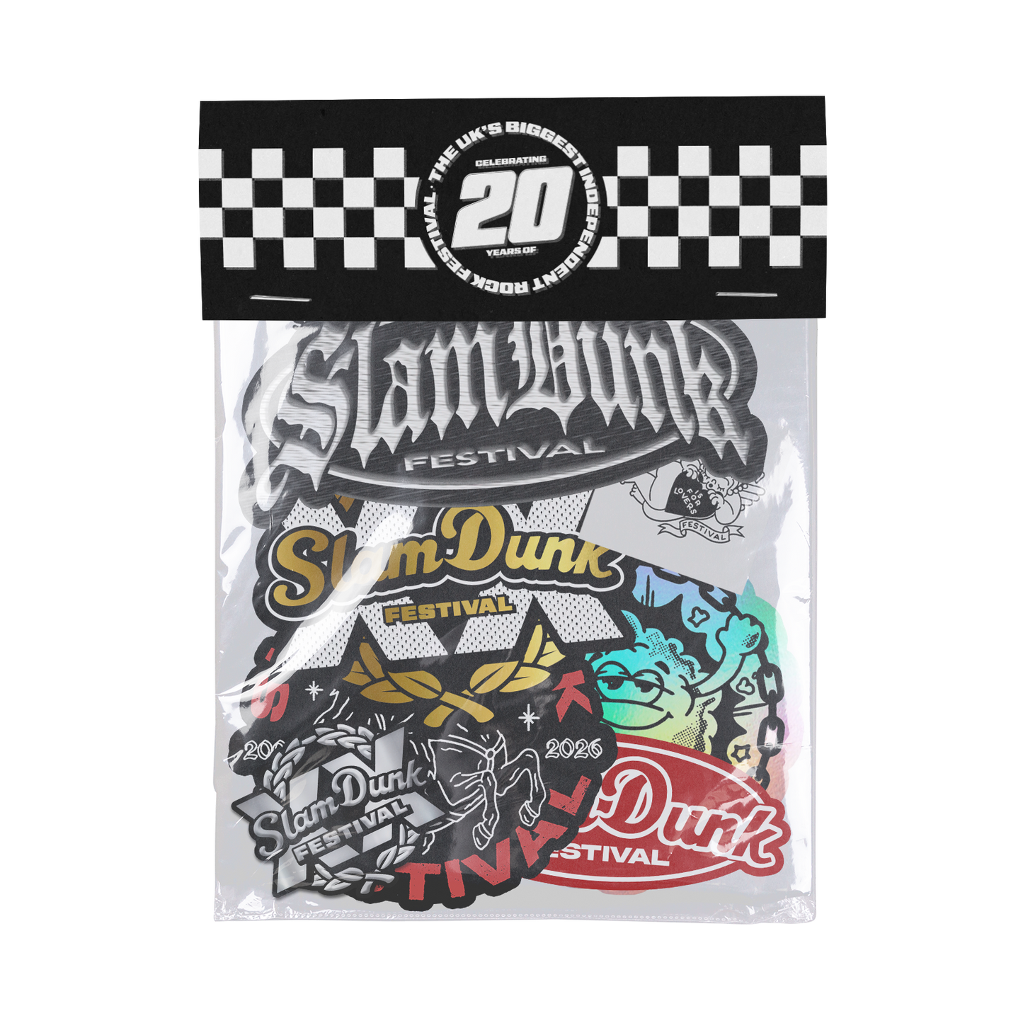 A colorful glossy slam dunk festival sticker pack in clear plastic with checkered border 20th anniversary merch pack
