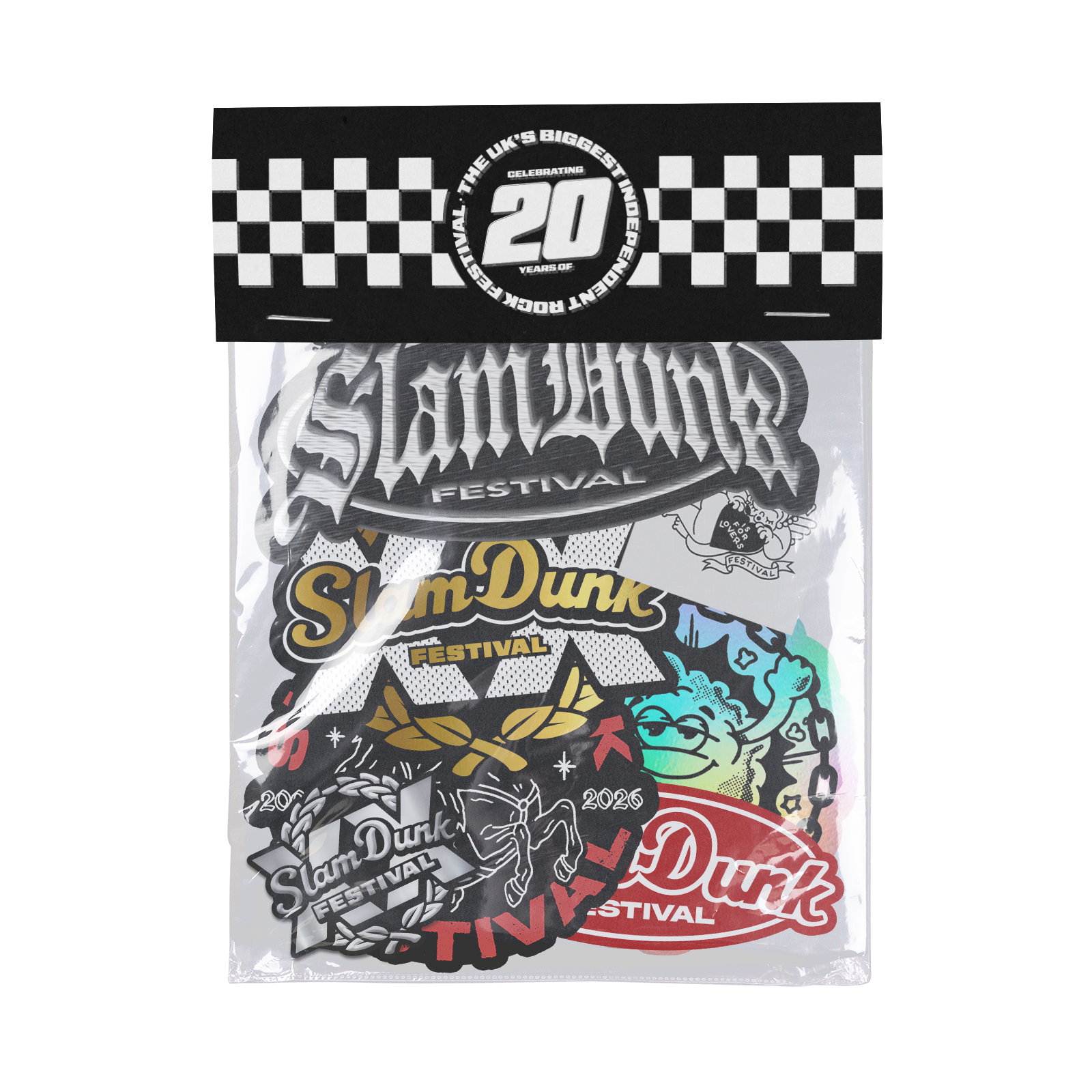 A colorful glossy slam dunk festival sticker pack in clear plastic with checkered border 20th anniversary merch pack