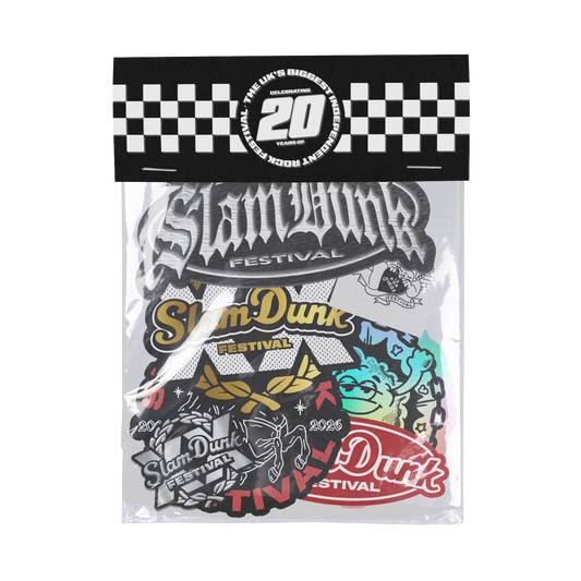 A colorful glossy slam dunk festival sticker pack in clear plastic with checkered border 20th anniversary merch pack