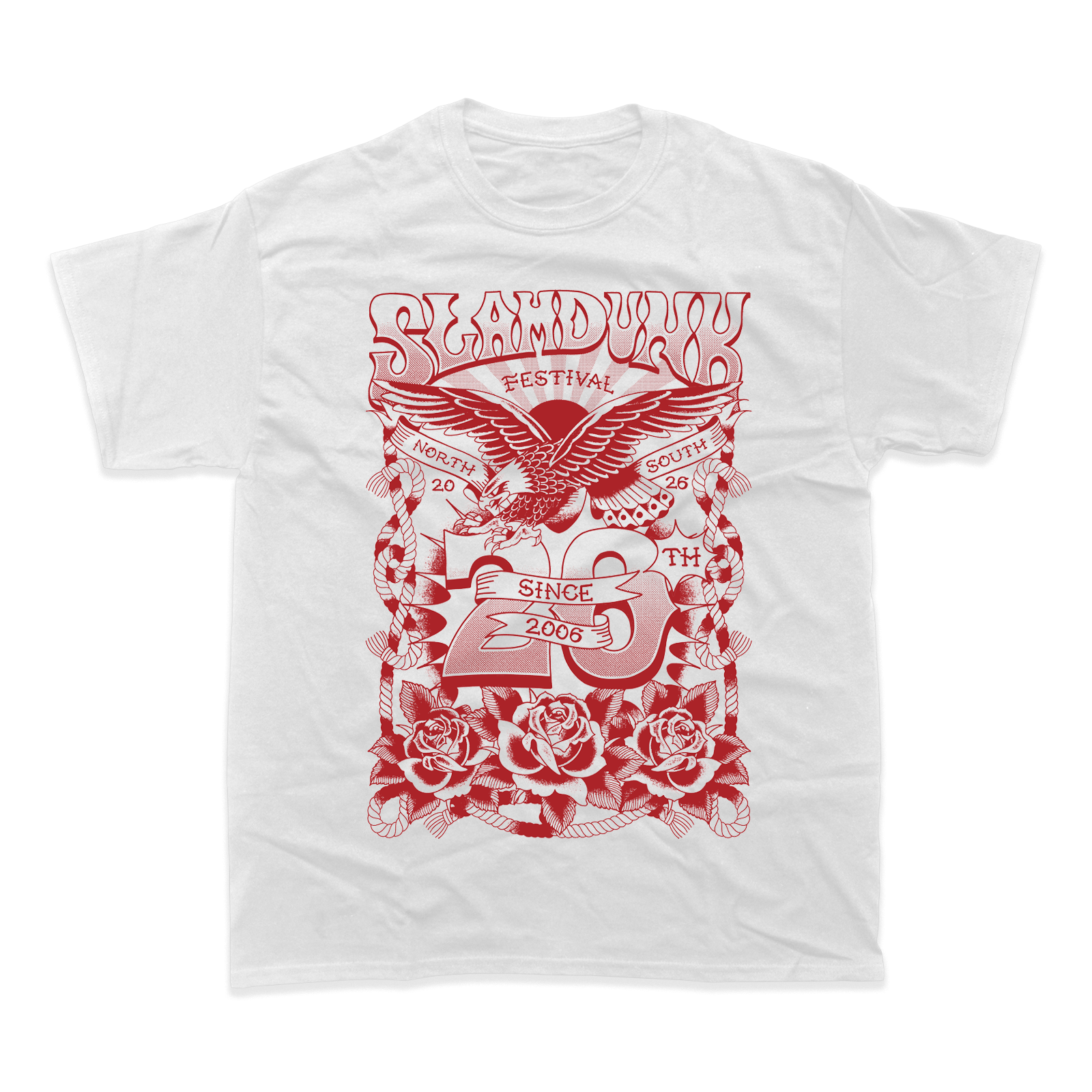 White cotton 20th tattoo t-shirt featuring a bold red eagle and roses graphic with slamdance festival since 2006 text