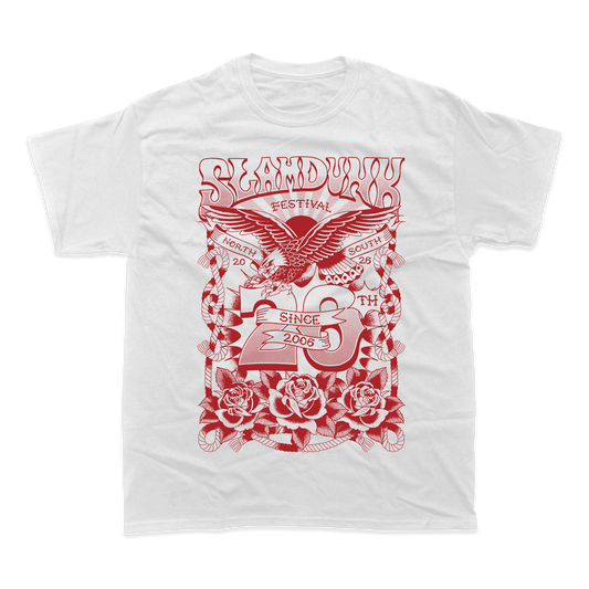 White cotton 20th tattoo t-shirt featuring a bold red eagle and roses graphic with slamdance festival since 2006 text