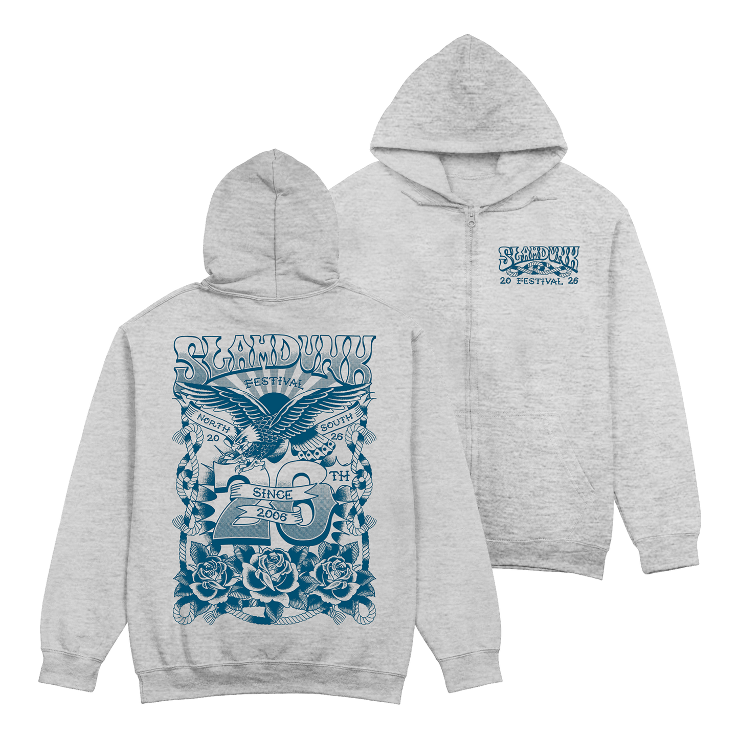 Heather gray 20th tattoo zip hoodie with detailed blue eagle and roses graphic and festival text design