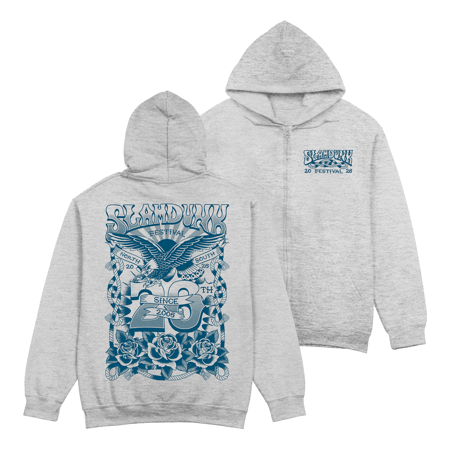Heather gray 20th tattoo zip hoodie with detailed blue eagle and roses graphic and festival text design