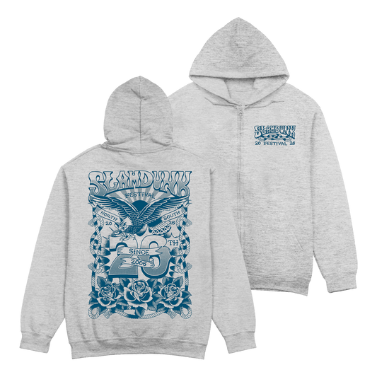 Heather gray 20th tattoo zip hoodie with detailed blue eagle and roses graphic and festival text design