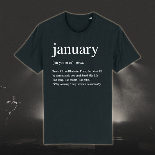 Dark green January T-Shirt with printed design and unisex fit featuring white text