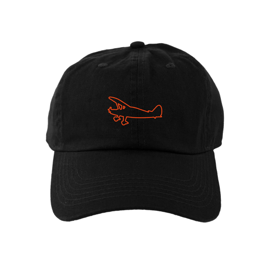 Black beauty school plane cap with orange airplane design for stylish accessory