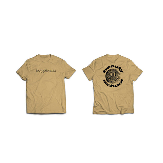 Tan Happiness T Shirt from Beauty School featuring unique front and back designs