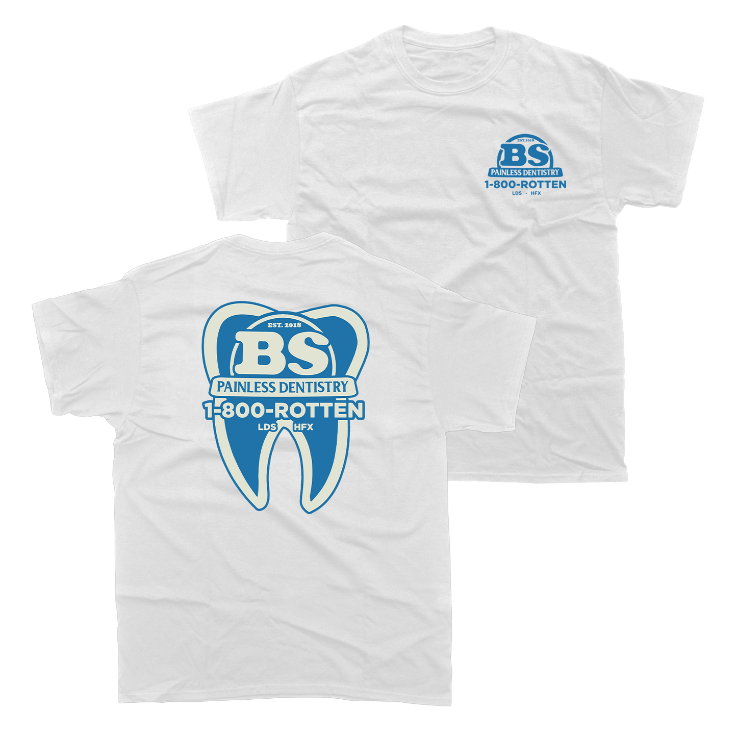 White beauty school rotten t shirt with blue tooth design for stylish casual wear