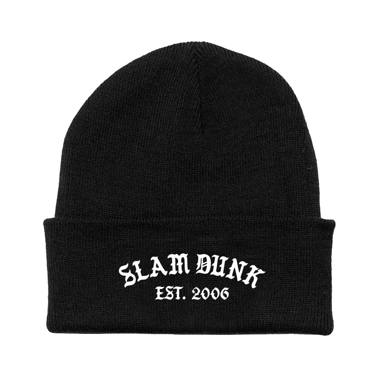 Blackletter beanie in black knit with white slam dunk est. embroidery