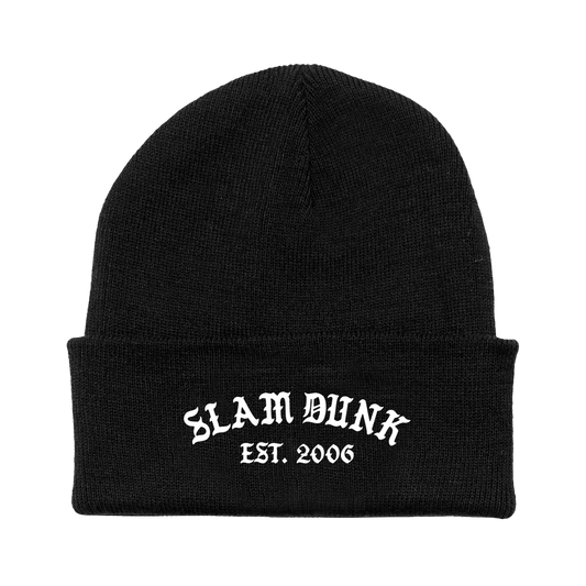 Blackletter beanie in black knit with white slam dunk est. embroidery