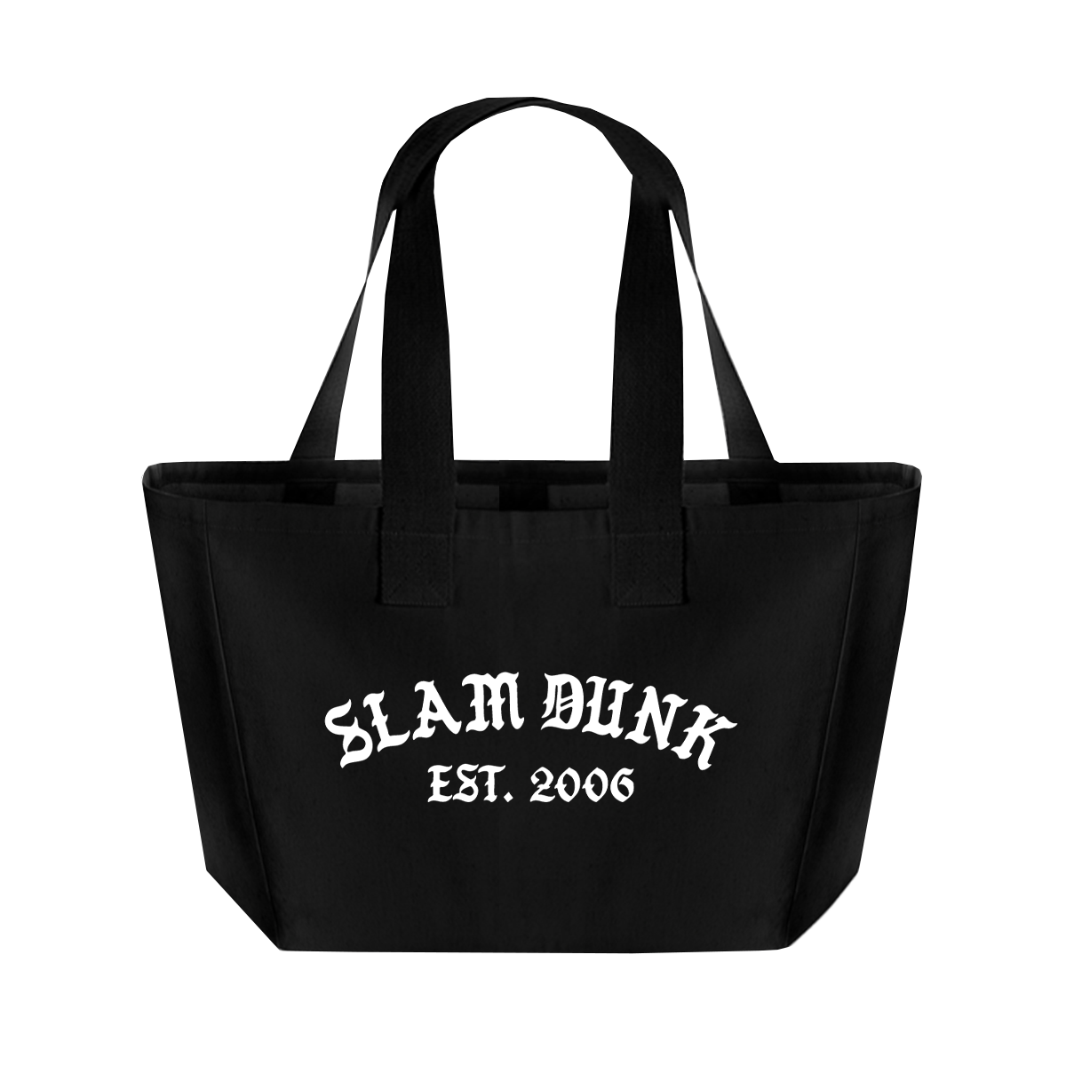 Blackletter maxi tote bag in black with white slam dunk est. text