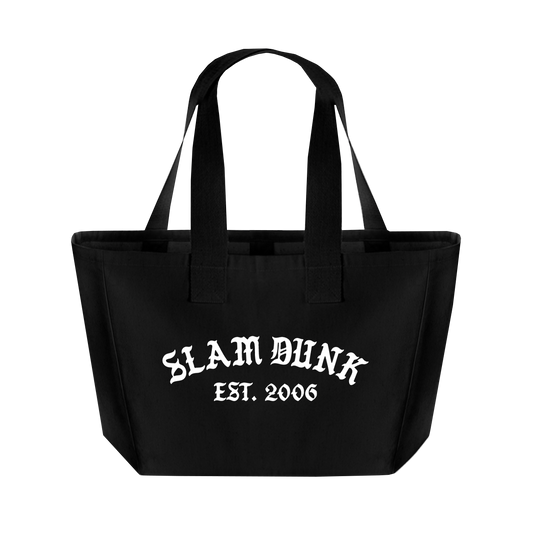 Blackletter maxi tote bag in black with white slam dunk est. text