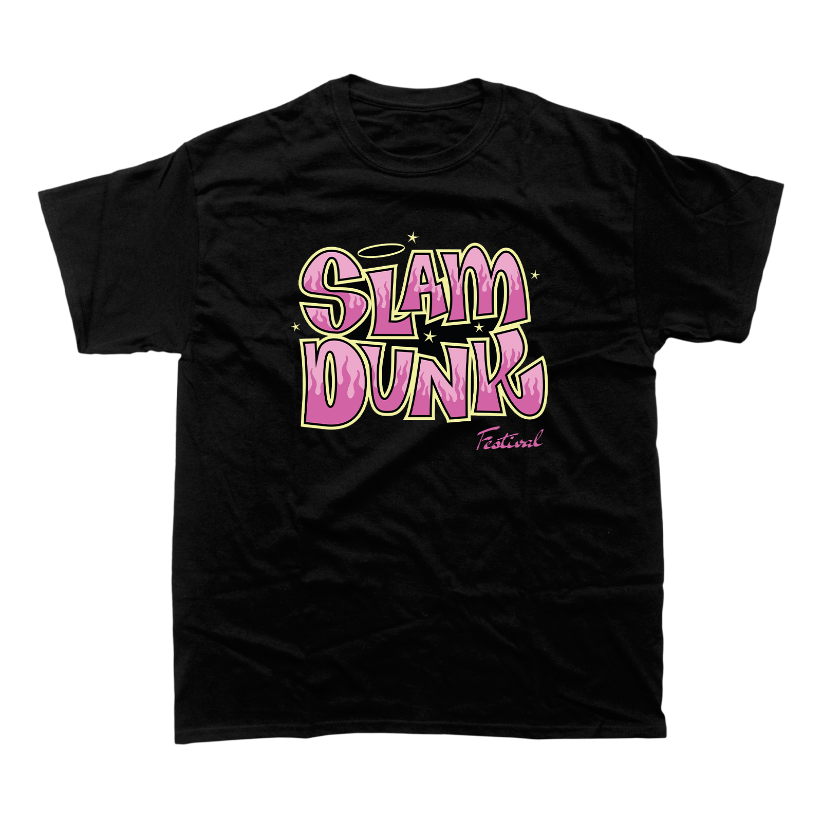Black cotton bratz t-shirt with vibrant pink and yellow slam dunk graphic and festival in cursive below