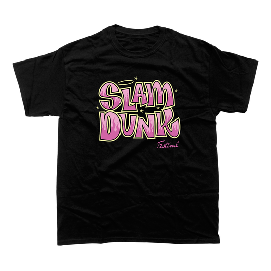 Black cotton bratz t-shirt with vibrant pink and yellow slam dunk graphic and festival in cursive below