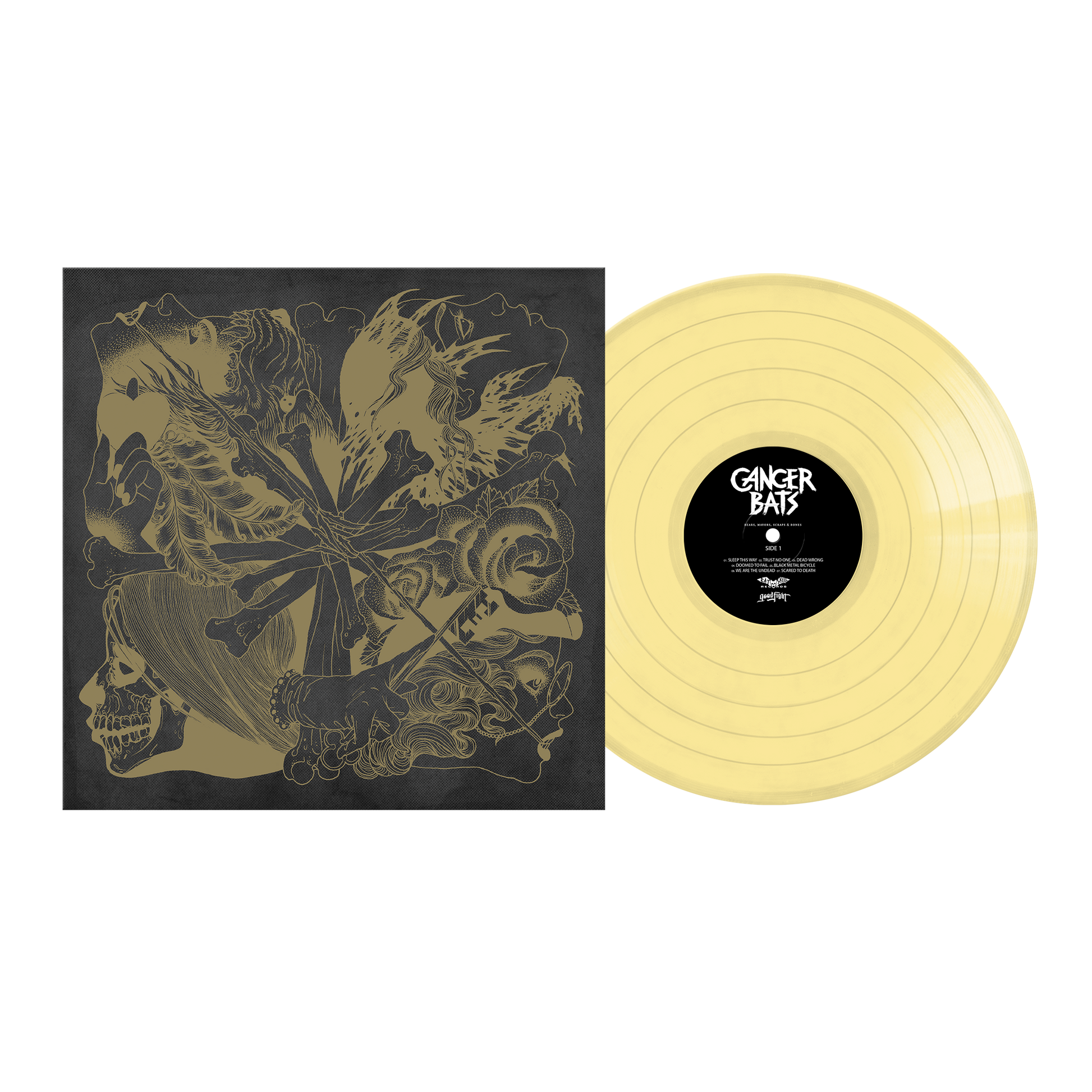 Yellow translucent vinyl cancer bats bears mayors scraps and bones lp with black label and gray sleeve with gold skull art