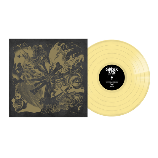 Yellow translucent vinyl cancer bats bears mayors scraps and bones lp with black label and gray sleeve with gold skull art