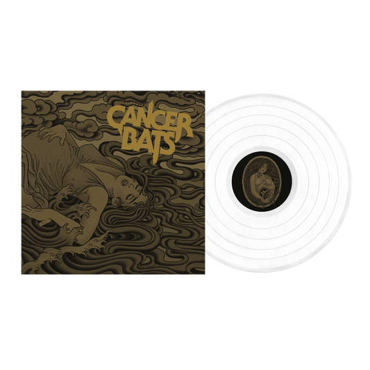 Cancer bats birthing the giant lp glass clear white vinyl with black label and gold illustration plus band logo cover art