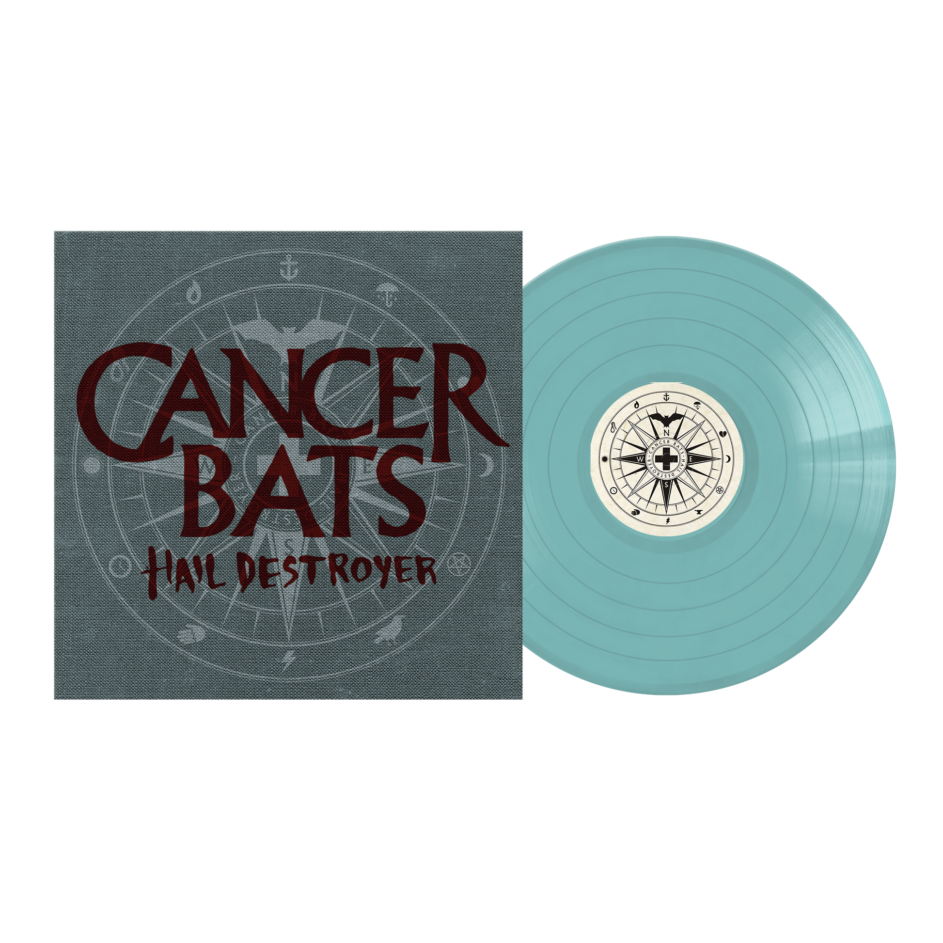 Sky blue vinyl record of cancer bats hail destroyer lp with white compass center label