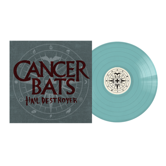 Sky blue vinyl record of cancer bats hail destroyer lp with white compass center label