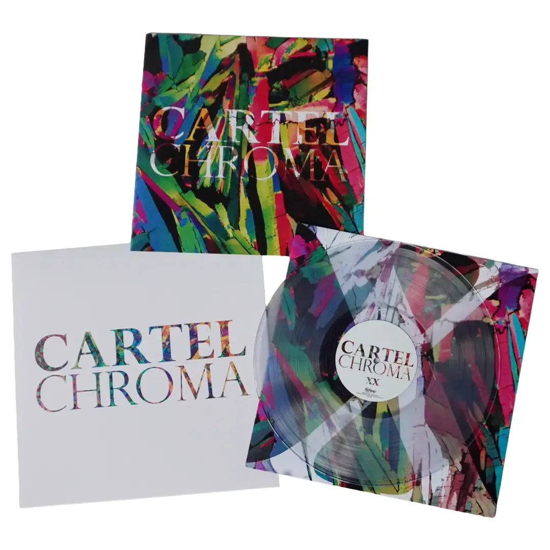 Clear vinyl record with colorful abstract paint splatter design, housed in a matching square sleeve and white inner paper insert.