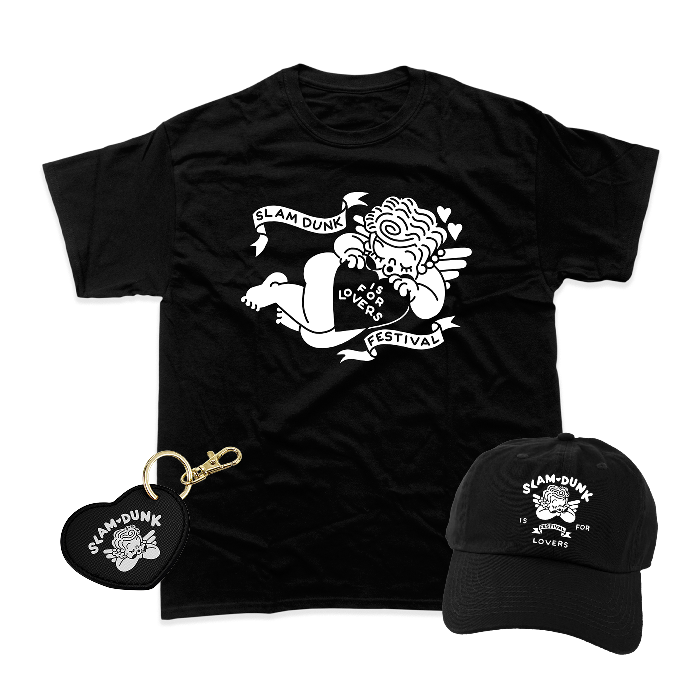 Black t-shirt with white cherub heart graphic and Slam Dunk is for Lovers Festival ribbons in Cupid Bundle