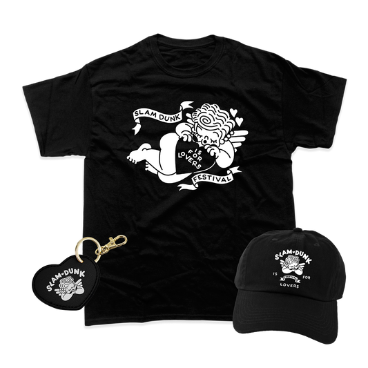 Black t-shirt with white cherub heart graphic and Slam Dunk is for Lovers Festival ribbons in Cupid Bundle