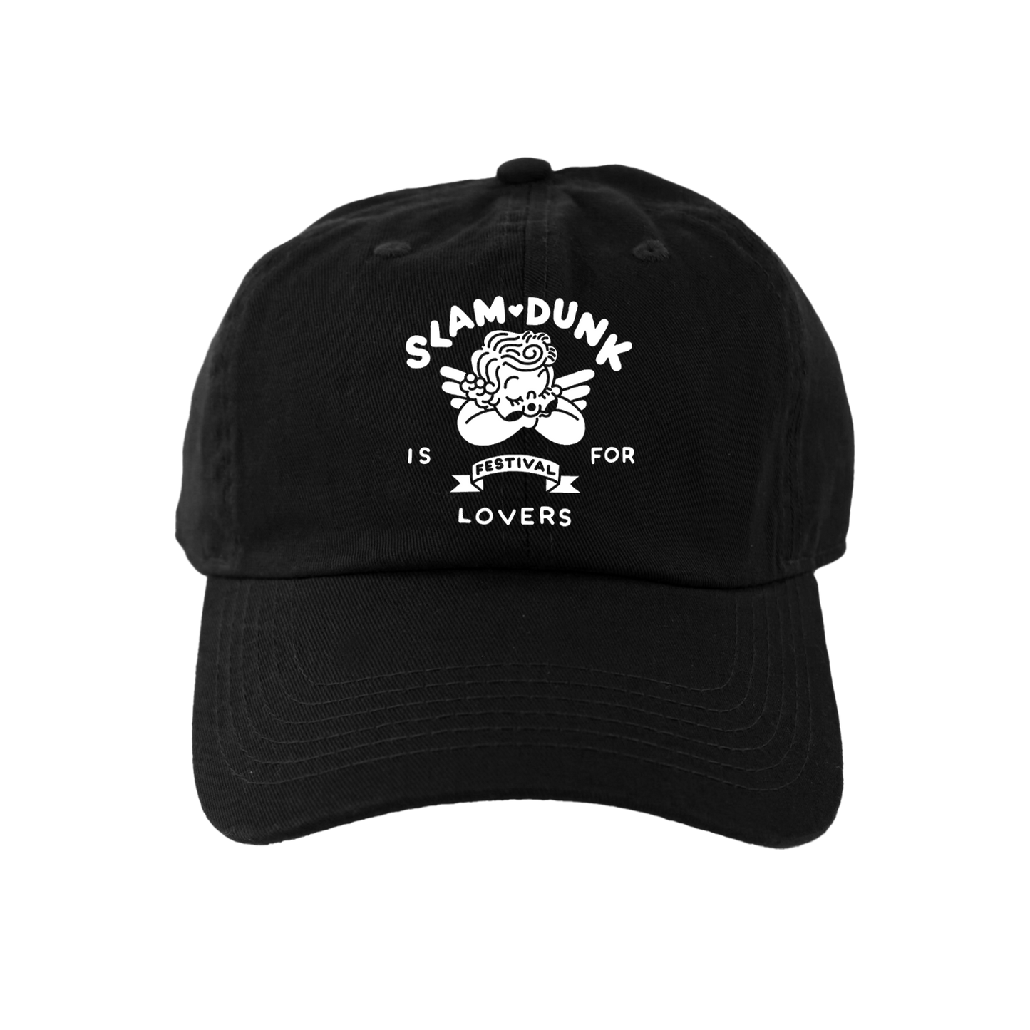 Black cherub cap with Slam Dunk text for festival lovers