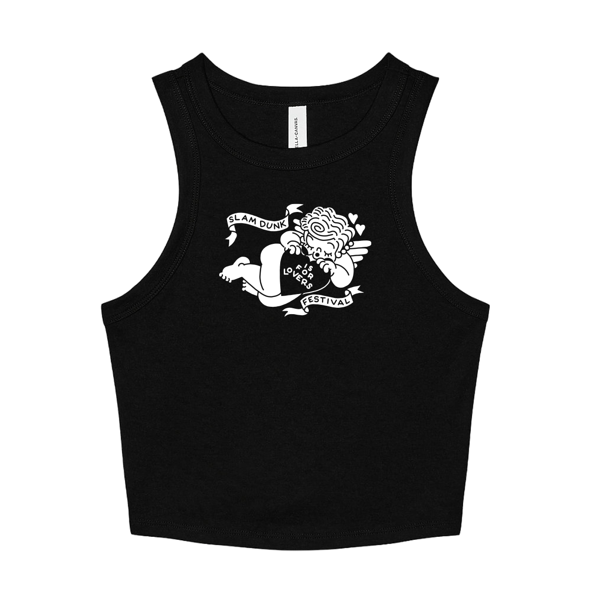 Black cupid crop vest featuring a white cherub graphic and slam dunk for lovers festival text on front
