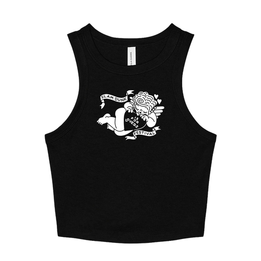 Black cupid crop vest featuring a white cherub graphic and slam dunk for lovers festival text on front