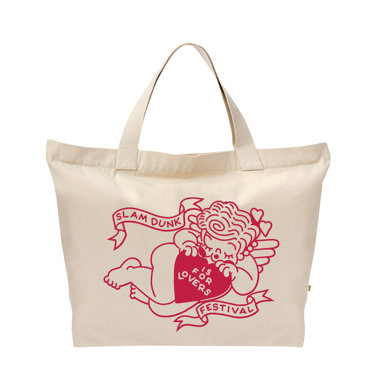 Cream-colored canvas cupid shopper bag with red cupid graphic and slam dunk is for lovers festival text