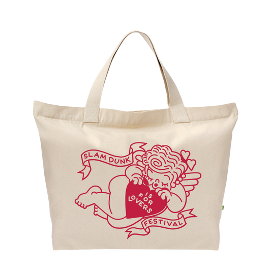 Cream-colored canvas cupid shopper bag featuring red cupid graphic and slam dunk is for lovers festival text