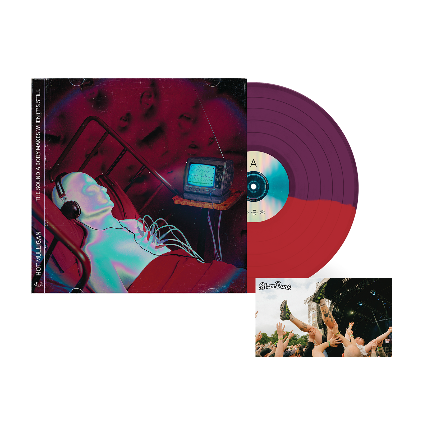 Vinyl record and album cover for Hot Mulligan The Sound a Body Makes When It’s Still LP with purple and red split design